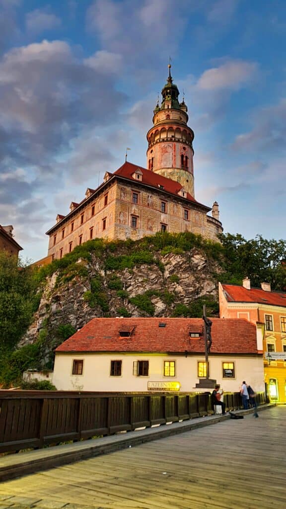 Cesky Krumlov castle view from a bridge.